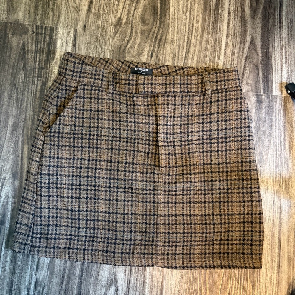 THE WORKSHOP Women’s Brown Plaid Tweed Mini Skirt Pocket Belt Loops Polyester M